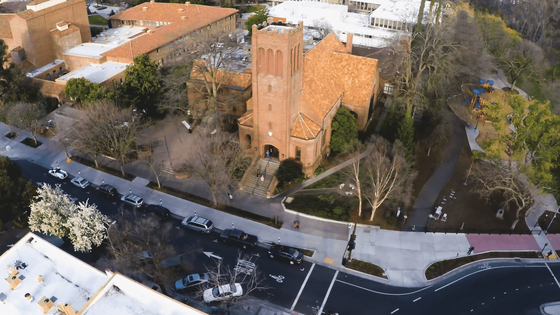 Aerial view of Bidwell Presbyterian Church in Chico, California.