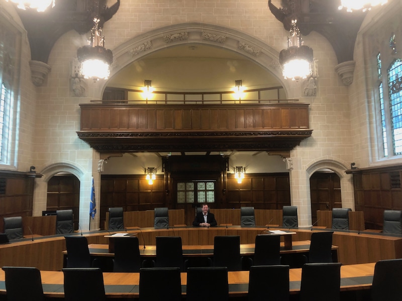 The main courtroom at the United Kingdom Supreme Court where a Brexit case reaching 4.8 million viewers was heard. Note the Panasonic PTZ cameras located in the upper corners of the room