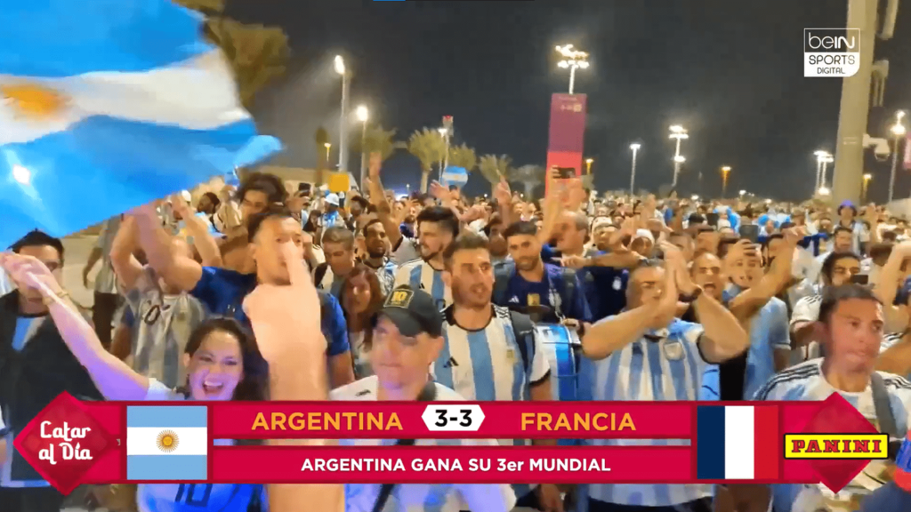 Viz Flowics graphics over coverage of Argentina fans cheering after team wins World Cup 2022