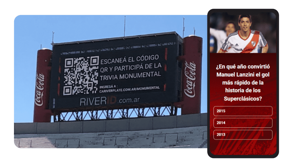image shows giant screen at River Plate stadium with a poll and QR code for second screen engagement.