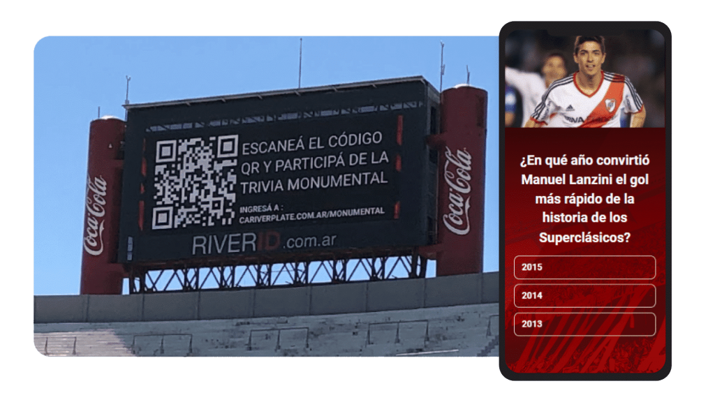 image shows giant screen at River Plate stadium with a poll and QR code for second screen engagement.