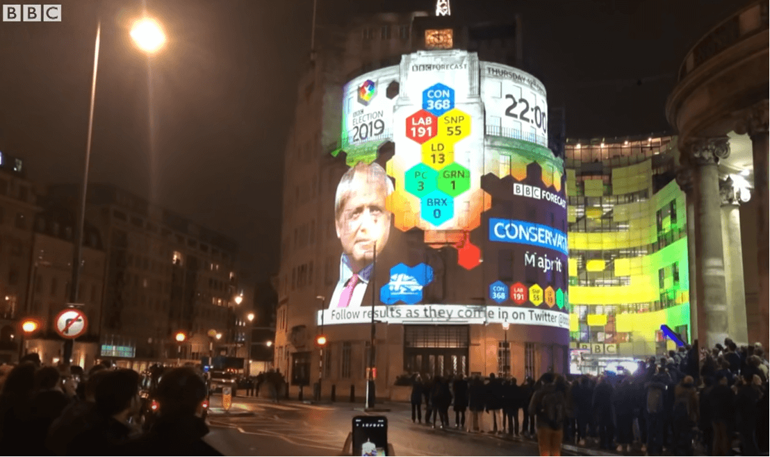 BBC Broadcasting House with Projected Exit Poll in 2019