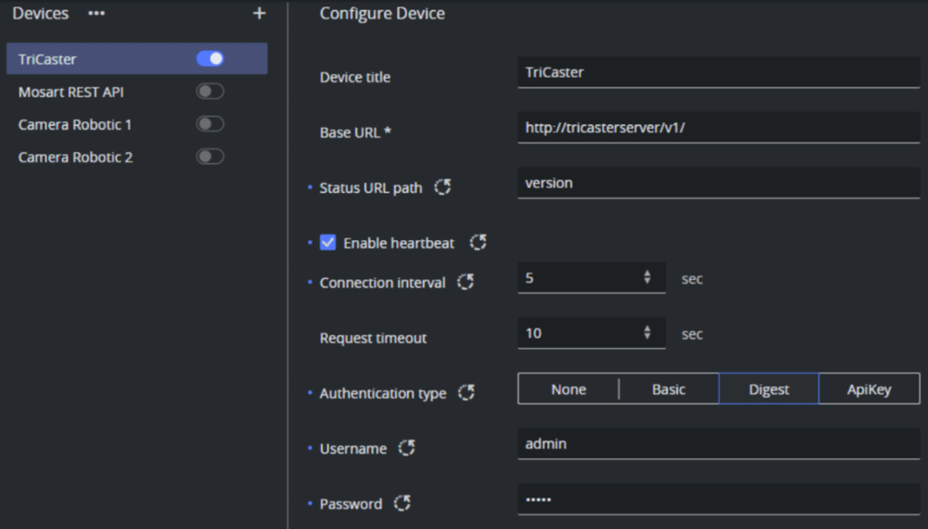 A screenshot of the Generic REST driver configuration panel for Viz Mosart 5.5.